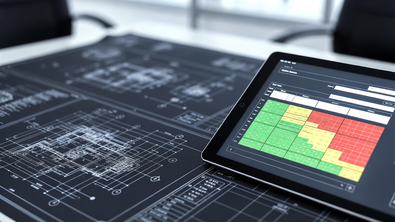 Engineering blueprints and tablet displaying SORA compliance risk matrices — advisory governance documentation