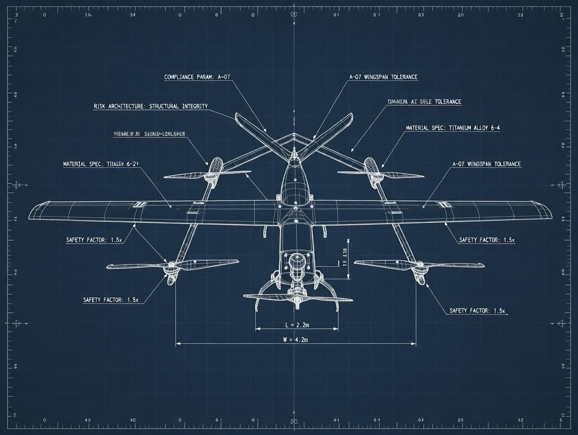 Technical CAD blueprint and wireframe schematic of a VTOL drone with structural compliance parameters and safety factors